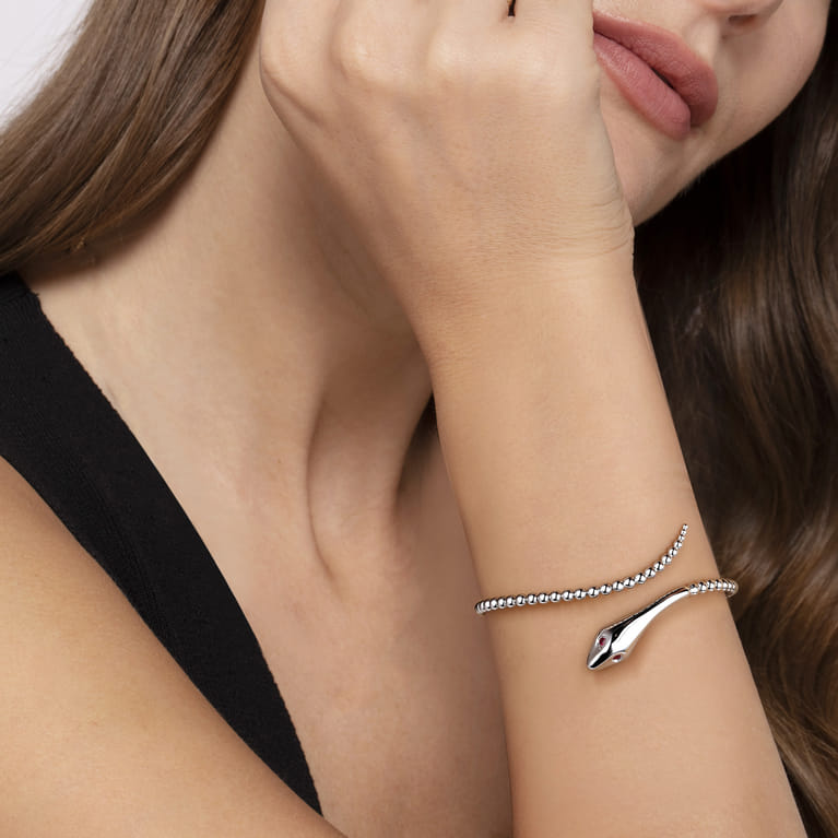 925 Sterling Silver Ruby Snake Bujukan Bypass Bangle Bracelet - Shot 4