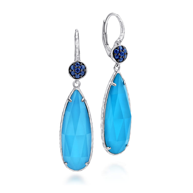 925 Sterling Silver Sapphire Earrings with Turquoise Rock Crystal Teardrops - Shot 1