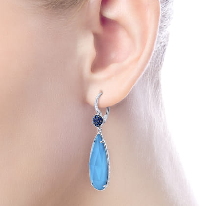 925 Sterling Silver Sapphire Earrings with Turquoise Rock Crystal Teardrops