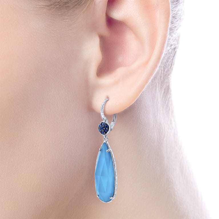 925 Sterling Silver Sapphire Earrings with Turquoise Rock Crystal Teardrops - Shot 2