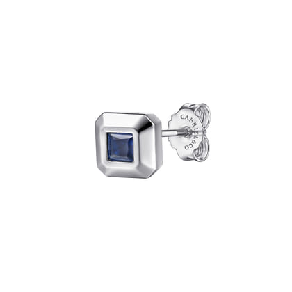 925 Sterling Silver Sapphire Mens Angular Cut Single Stud Earring