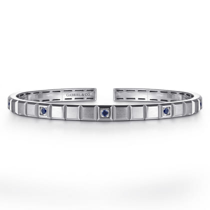 925 Sterling Silver Sapphire Open Cuff Angular Cuts Square Bangle