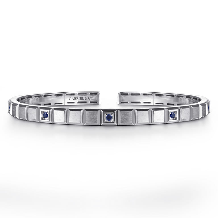 925 Sterling Silver Sapphire Open Cuff Angular Cuts Square Bangle - Shot 1