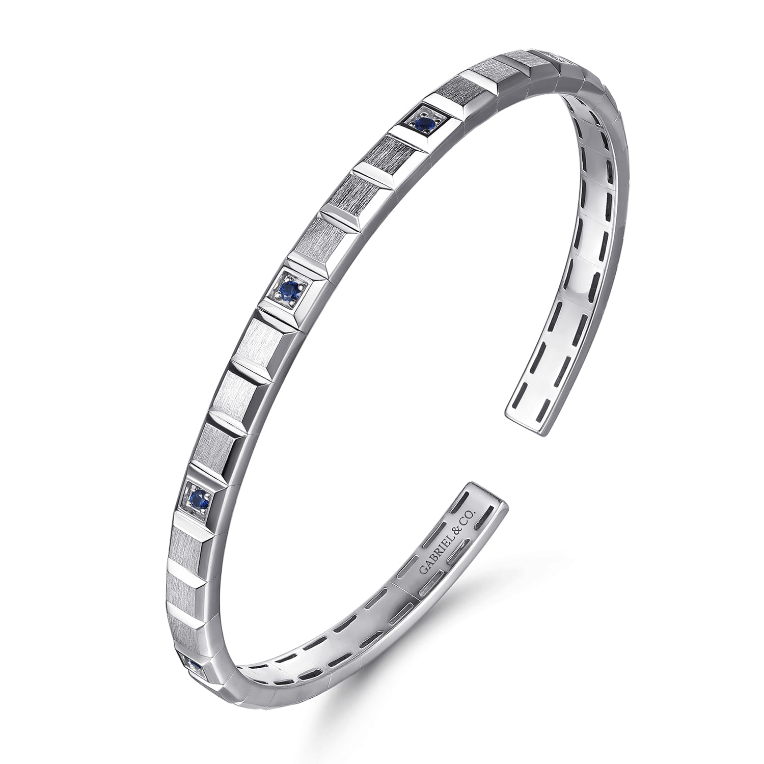 925 Sterling Silver Sapphire Open Cuff Angular Cuts Square Bangle - Shot 2