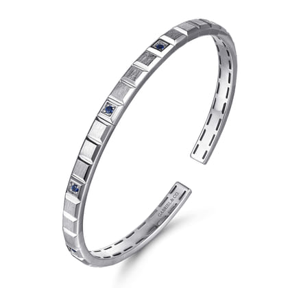 925 Sterling Silver Sapphire Open Cuff Angular Cuts Square Bangle