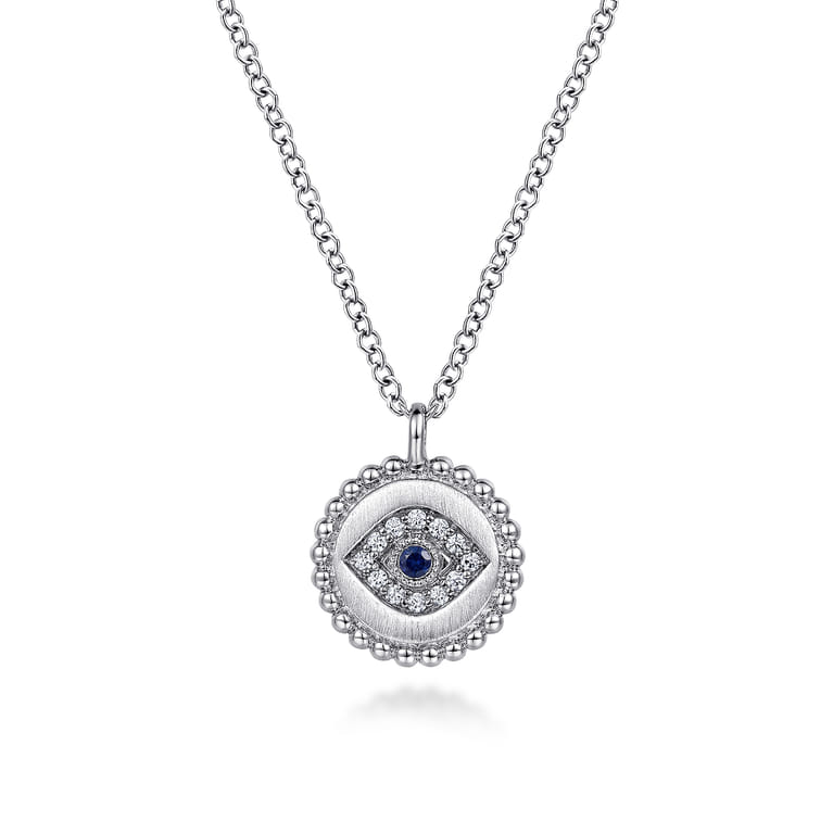 925 Sterling Silver Sapphire and Diamond Evil Eye Pendant Necklace - 0.04 ct - Shot 1