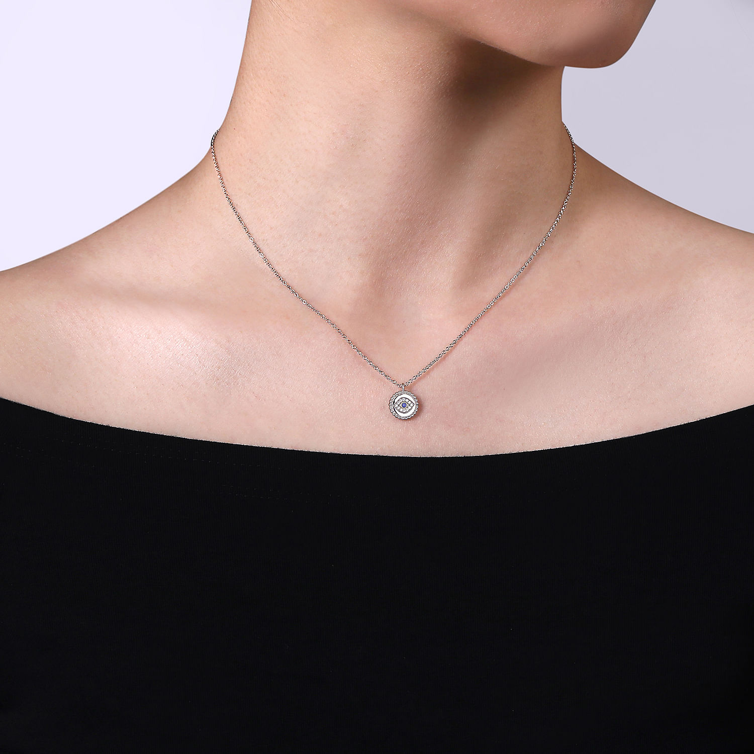 925 Sterling Silver Sapphire and Diamond Evil Eye Pendant Necklace - 0.04 ct - Shot 3