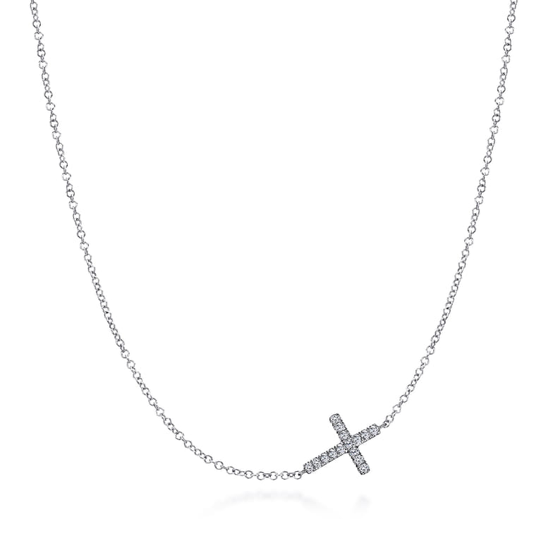 925 Sterling Silver Sideways White Sapphire Cross Necklace - Shot 1