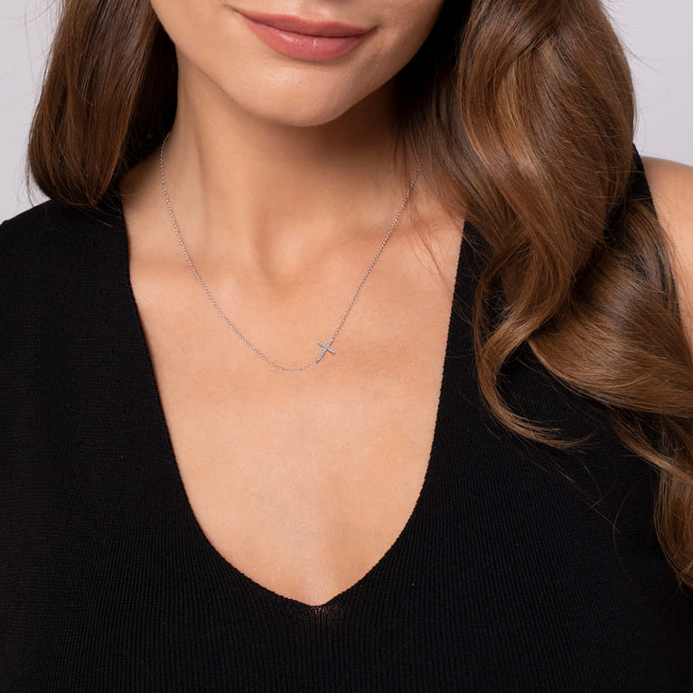 925 Sterling Silver Sideways White Sapphire Cross Necklace - Shot 3
