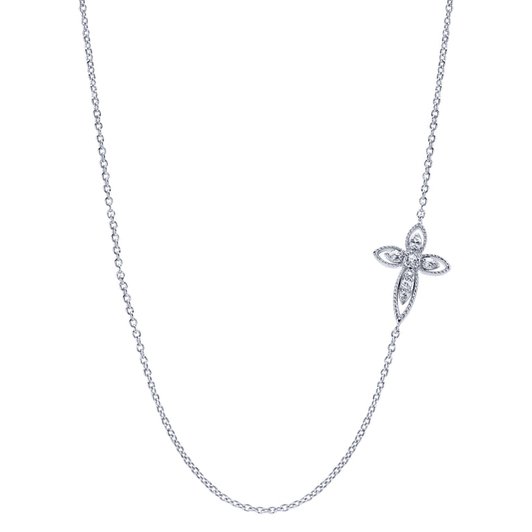 925 Sterling Silver Sideways White Sapphire Cross Necklace - Shot 1