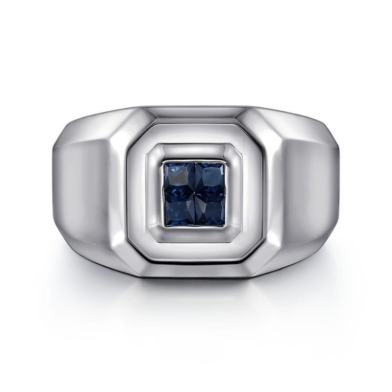 925 Sterling Silver Signet Ring with Princess Cut Sapphires - Shot 1