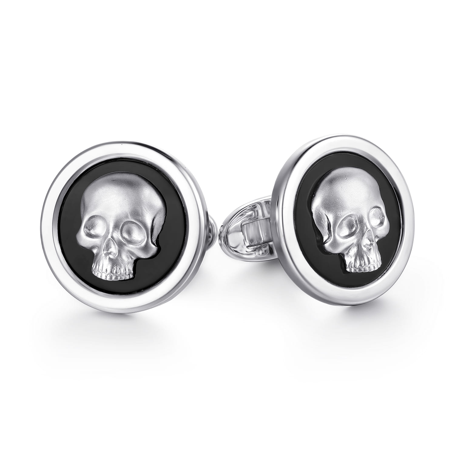 925 Sterling Silver Skull Round Cufflinks with Onyx - Shot 1