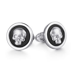 925 Sterling Silver Skull Round Cufflinks with Onyx