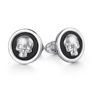 925 Sterling Silver Skull Round Cufflinks with Onyx