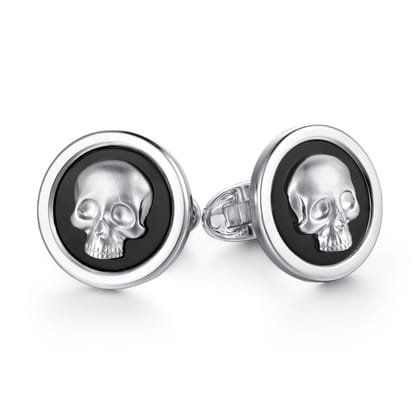925 Sterling Silver Skull Round Cufflinks with Onyx