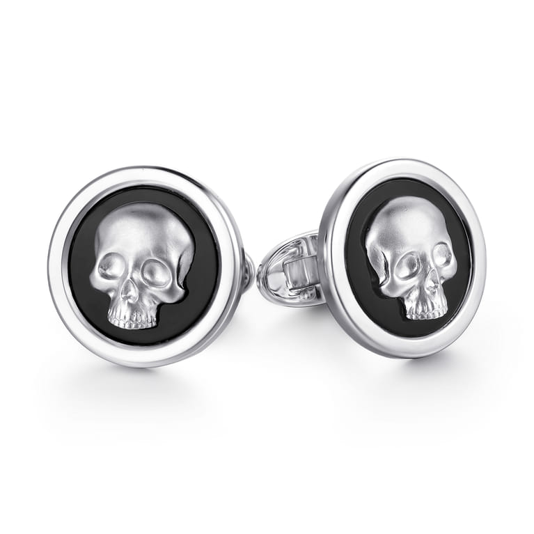 925 Sterling Silver Skull Round Cufflinks with Onyx - Shot 1