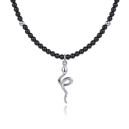 925 Sterling Silver Snake Brownish Black Spinel Bead Pendant Necklace