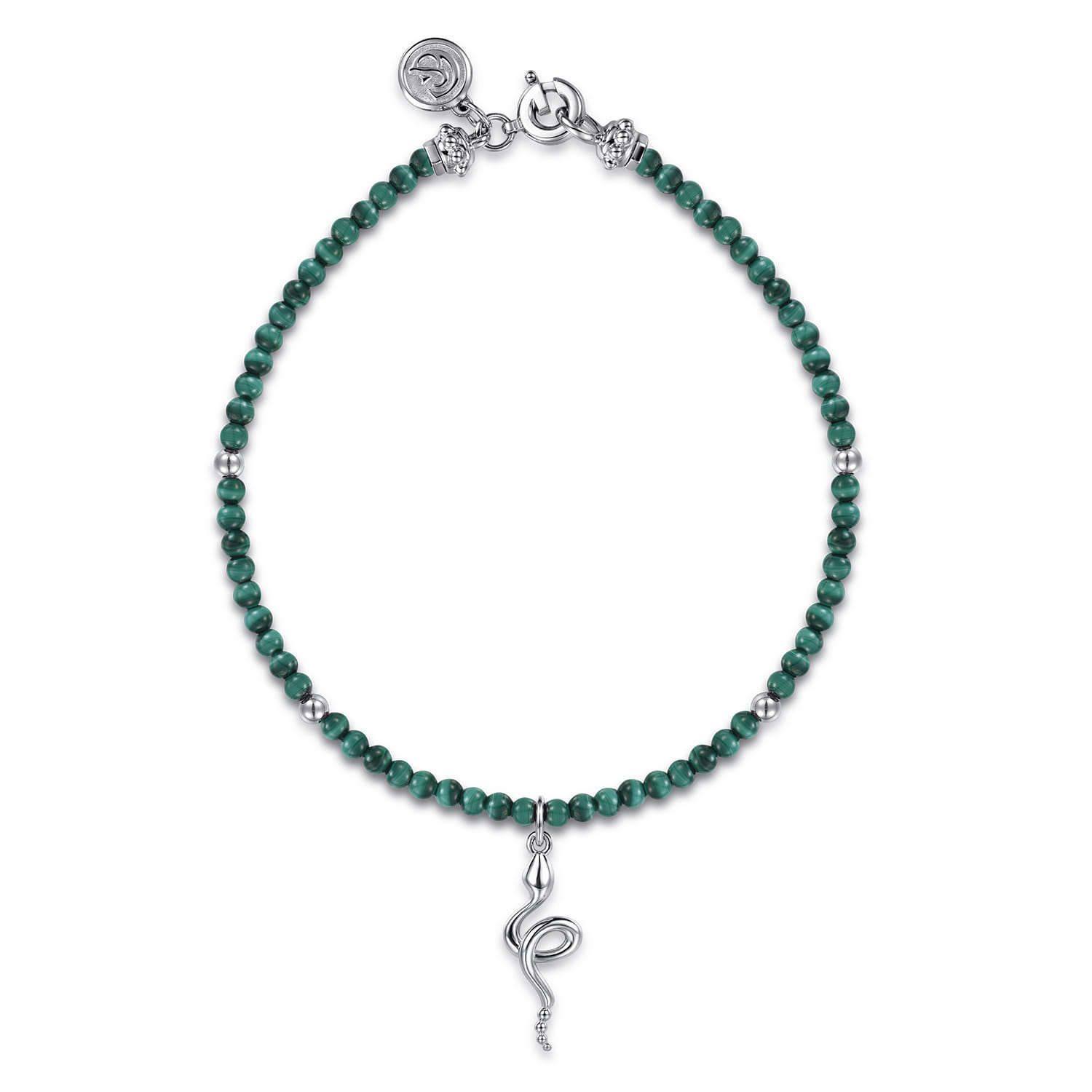 925 Sterling Silver Snake Brownish Malachite Bead Bracelet - Shot 1