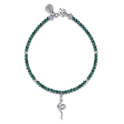 925 Sterling Silver Snake Brownish Malachite Bead Bracelet