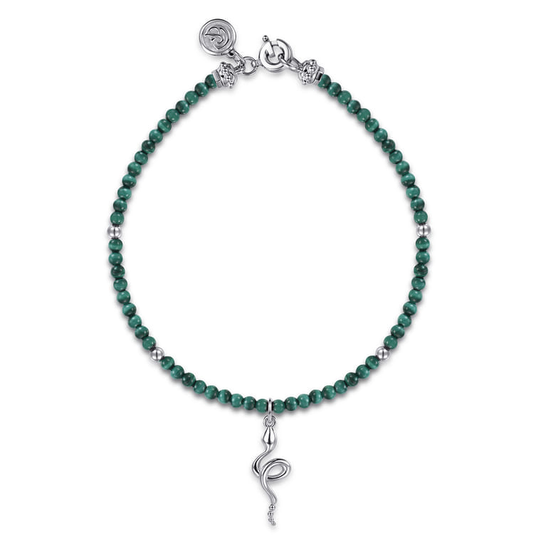 925 Sterling Silver Snake Brownish Malachite Bead Bracelet - Shot 1