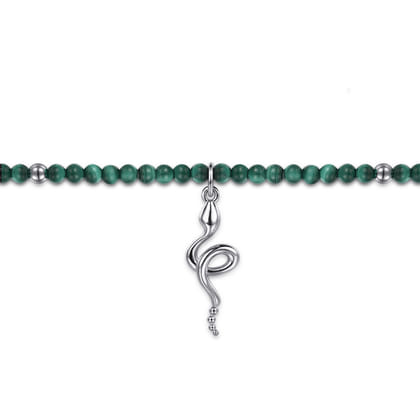 925 Sterling Silver Snake Brownish Malachite Bead Bracelet