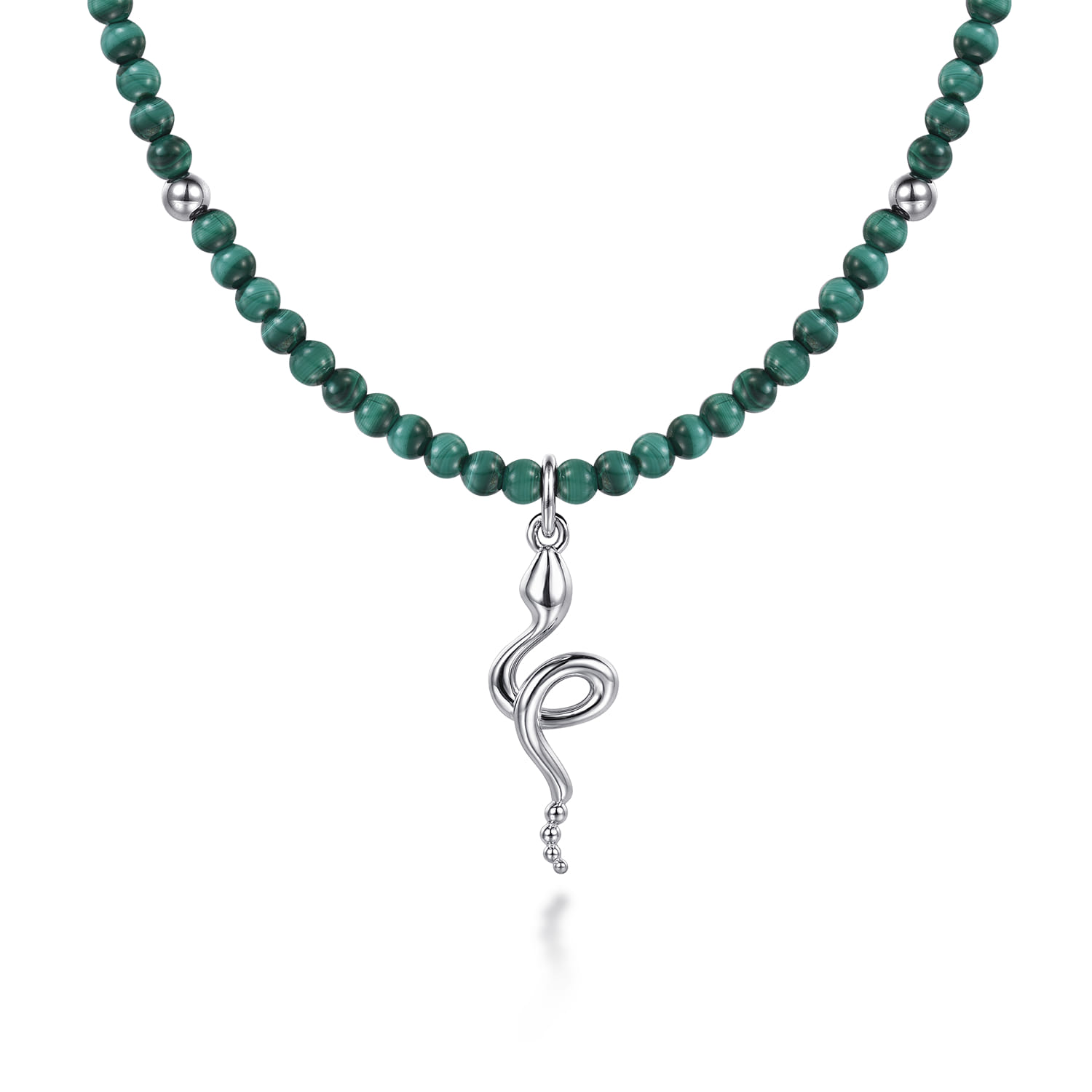 925 Sterling Silver Snake Brownish Malachite Bead Pendant Necklace - Shot 1