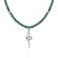 925 Sterling Silver Snake Brownish Malachite Bead Pendant Necklace