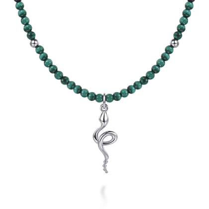 925 Sterling Silver Snake Brownish Malachite Bead Pendant Necklace