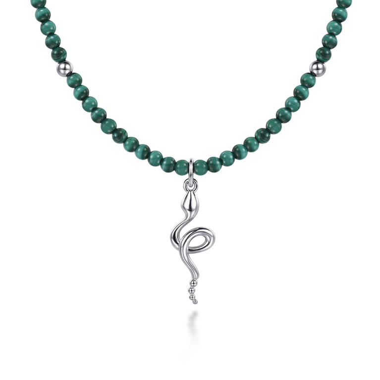 925 Sterling Silver Snake Brownish Malachite Bead Pendant Necklace - Shot 1