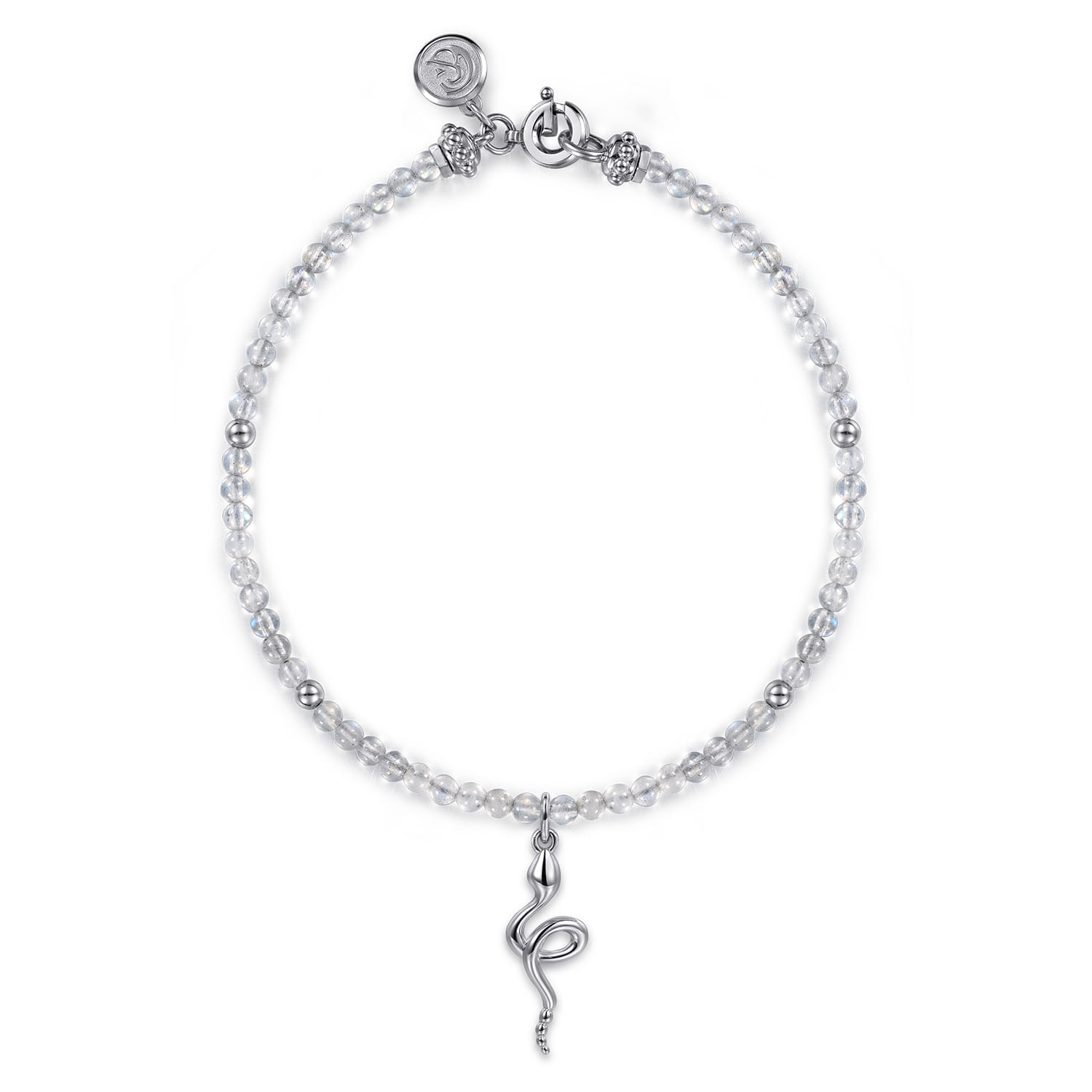 925 Sterling Silver Snake Brownish Moon Stone Bead Bracelet - Shot 1