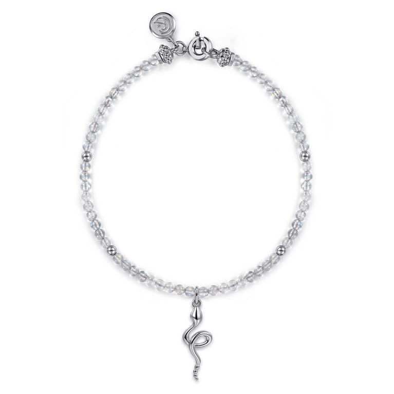 925 Sterling Silver Snake Brownish Moon Stone Bead Bracelet - Shot 1