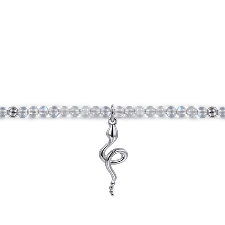 925 Sterling Silver Snake Brownish Moon Stone Bead Bracelet - Shot 2