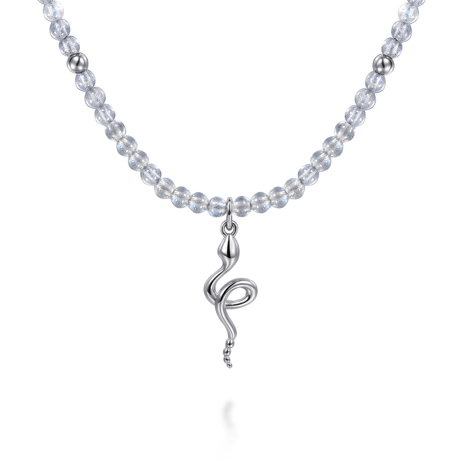 925 Sterling Silver Snake Brownish Moon Stone Bead Pendant Necklace - Shot 1