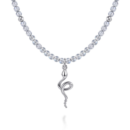 925 Sterling Silver Snake Brownish Moon Stone Bead Pendant Necklace