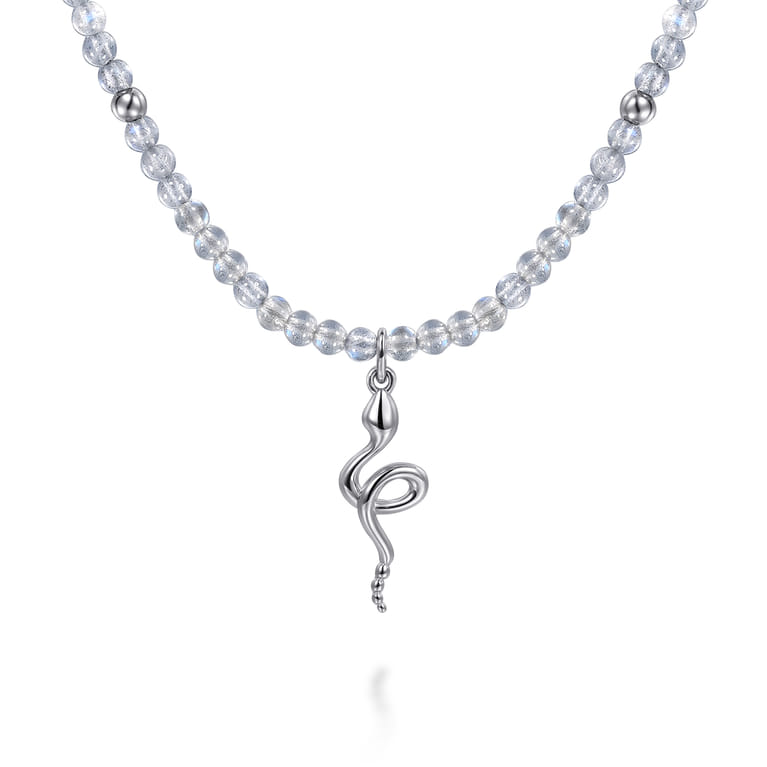 925 Sterling Silver Snake Brownish Moon Stone Bead Pendant Necklace - Shot 1