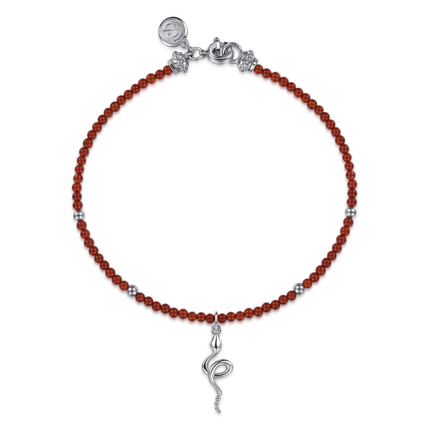 925 Sterling Silver Snake Brownish Red Agate Bead Bracelet - Shot 1