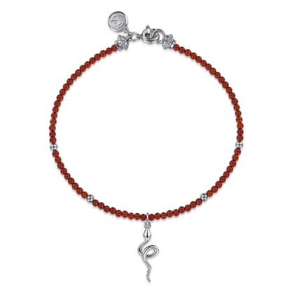 925 Sterling Silver Snake Brownish Red Agate Bead Bracelet