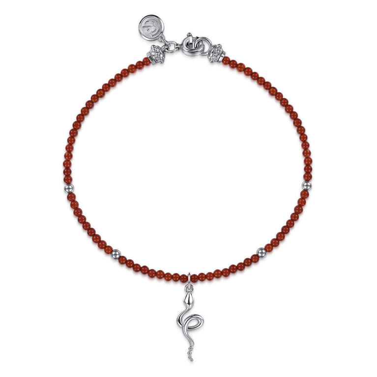 925 Sterling Silver Snake Brownish Red Agate Bead Bracelet - Shot 1