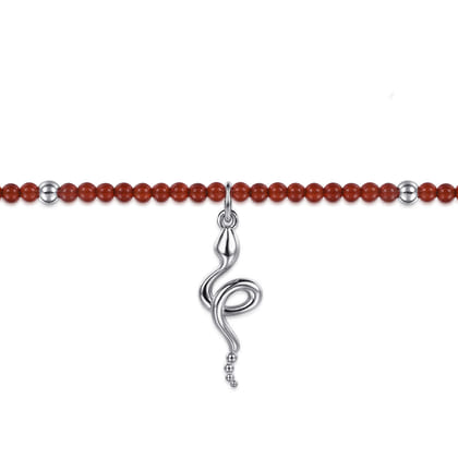 925 Sterling Silver Snake Brownish Red Agate Bead Bracelet