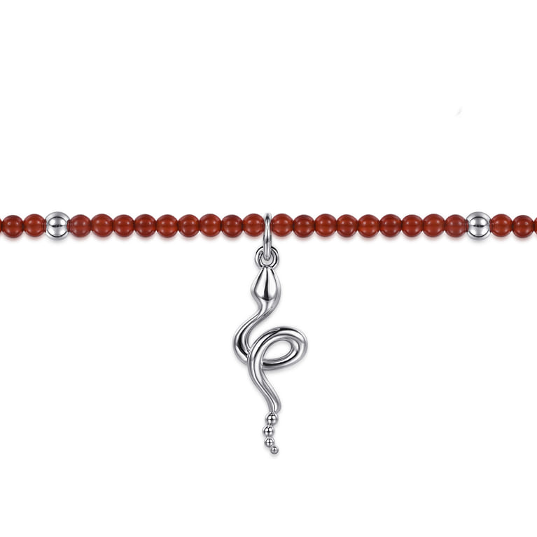 925 Sterling Silver Snake Brownish Red Agate Bead Bracelet - Shot 2