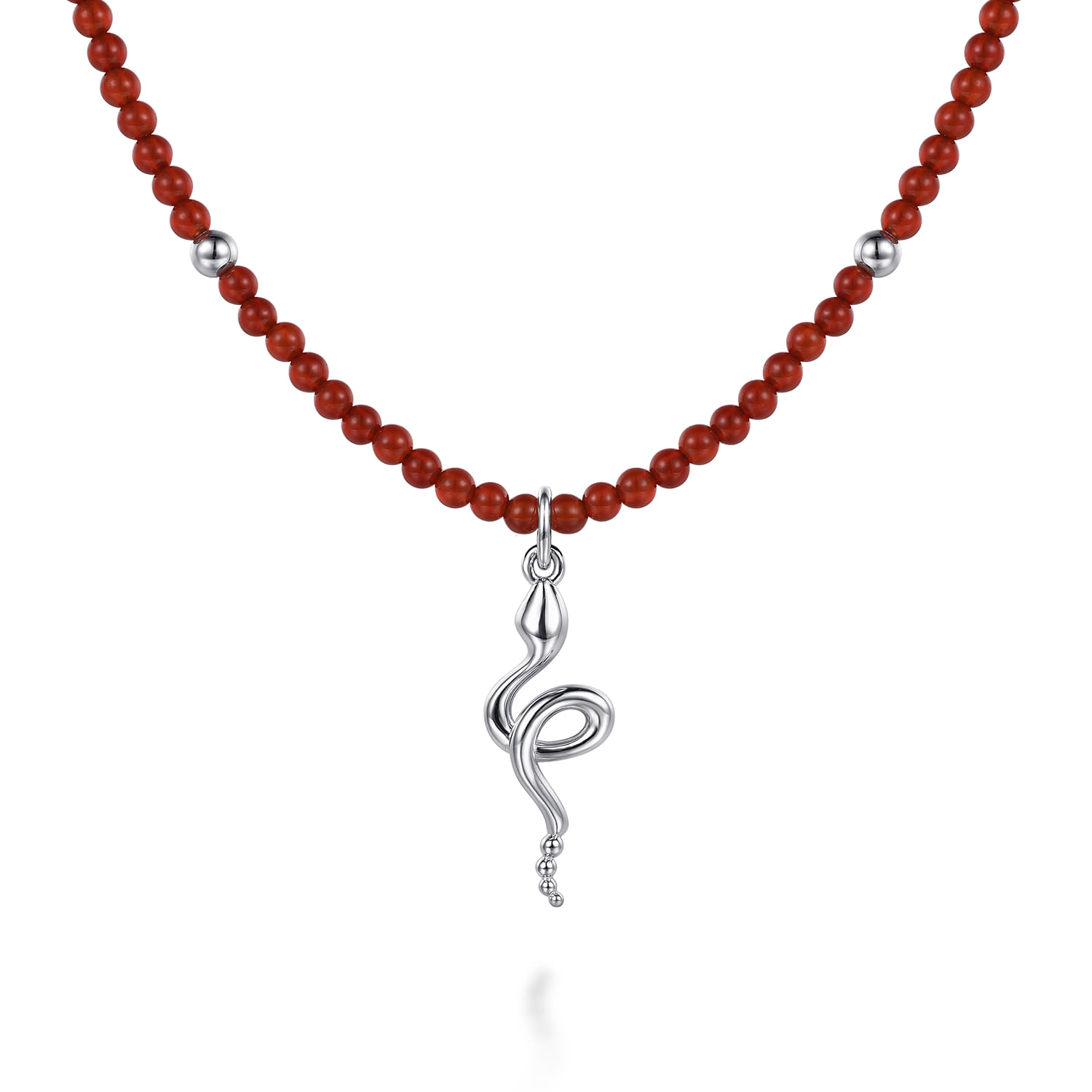 925 Sterling Silver Snake Brownish Red Agate Bead Pendant Necklace - Shot 1