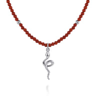 925 Sterling Silver Snake Brownish Red Agate Bead Pendant Necklace