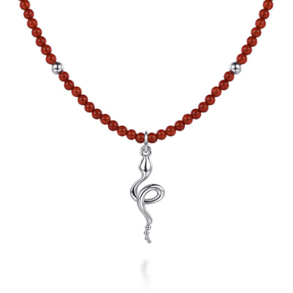 925 Sterling Silver Snake Brownish Red Agate Bead Pendant Necklace