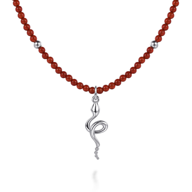 925 Sterling Silver Snake Brownish Red Agate Bead Pendant Necklace - Shot 1