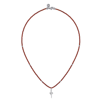 925 Sterling Silver Snake Brownish Red Agate Bead Pendant Necklace