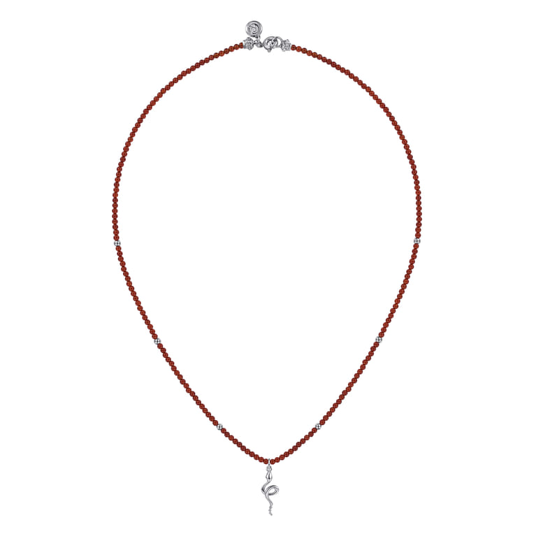 925 Sterling Silver Snake Brownish Red Agate Bead Pendant Necklace - Shot 2