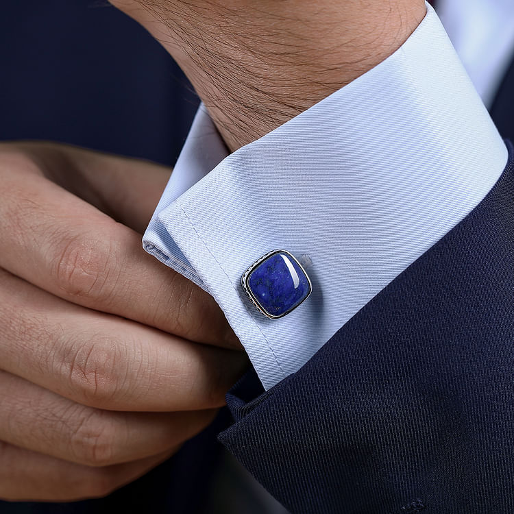 925 Sterling Silver Square Cufflinks with Lapis Stones