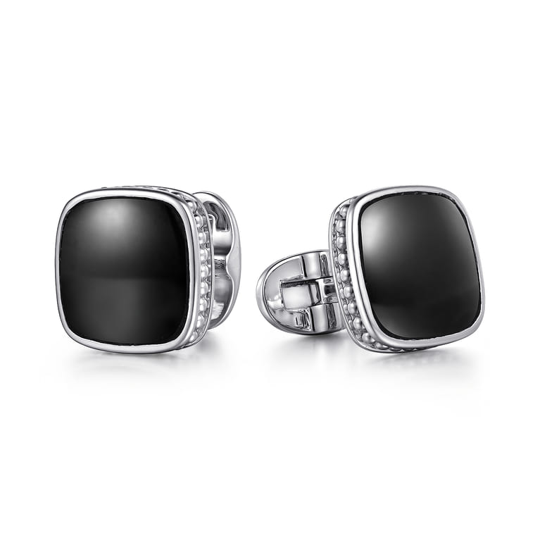 925 Sterling Silver Square Cufflinks with Onyx Stones - Shot 1