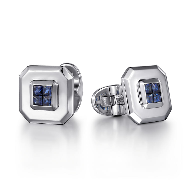 925 Sterling Silver Square Cufflinks with Princess Cut Sapphire Stones - Shot 1