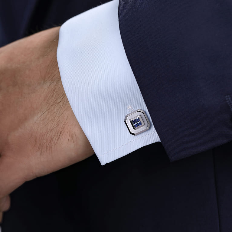 925 Sterling Silver Square Cufflinks with Princess Cut Sapphire Stones - Shot 2